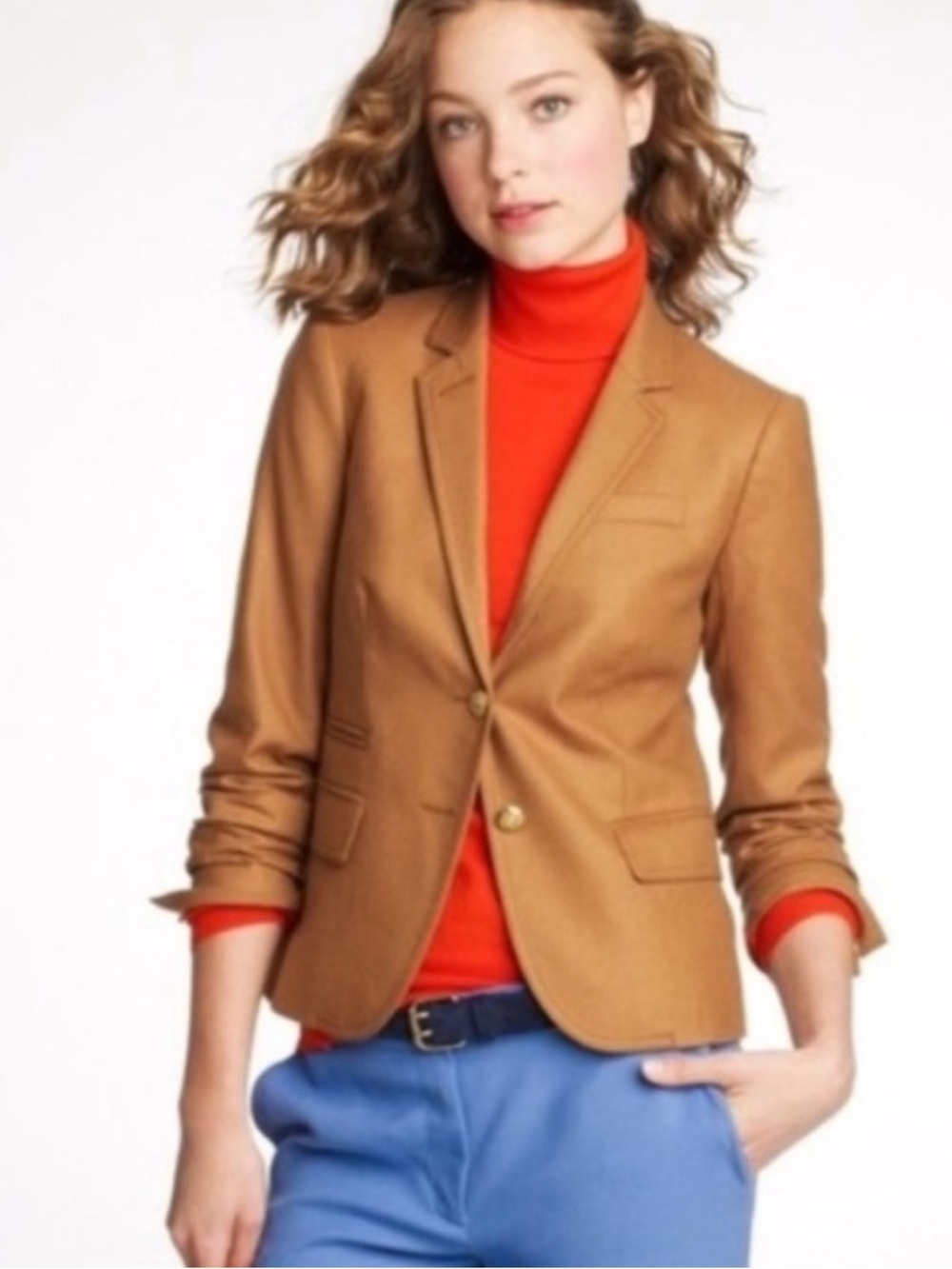 J. Crew Schoolboy Blazer Jacket Camel Brown 100% Wool Two Gold Button